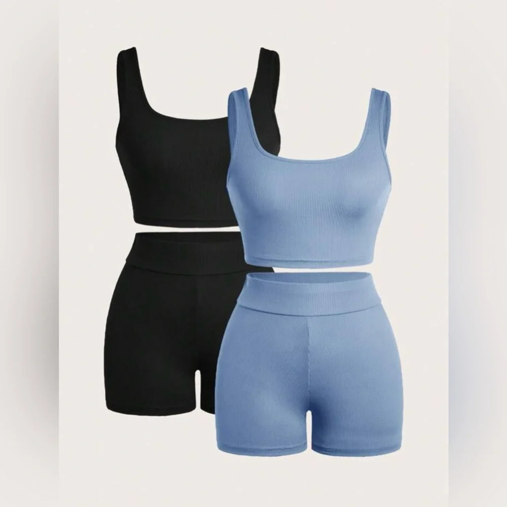 Shein • Women’s Black Blue Ribbed Crop Top and Shorts Set 2 Pack NWOT - Picture 1 of 7
